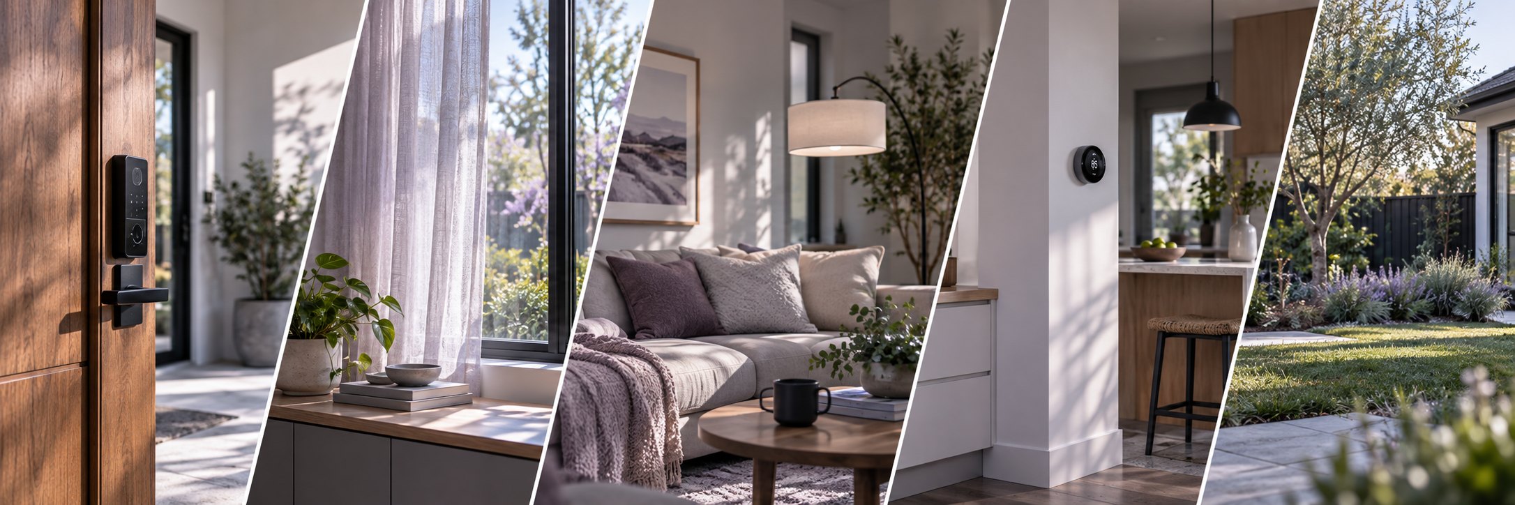 A home in five views: the front door, a window, the living room, the kitchen and the garden