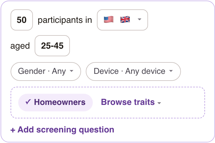 UXbeam participant recruitment interface with audience targeting, demographic filters and screening options.