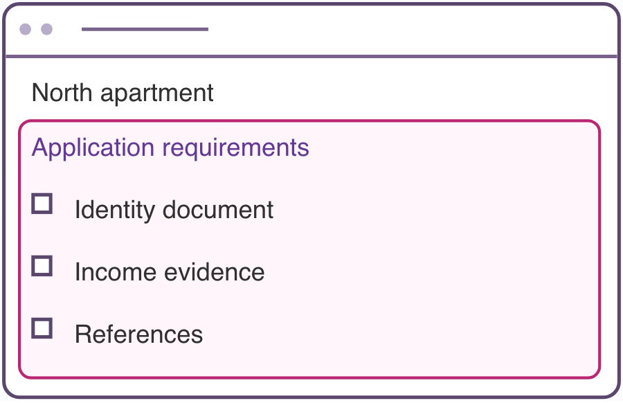 Application requirements for North apartment: identity document, income evidence and references.