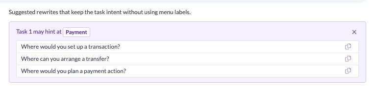 UXbeam setup screen flagging that Task 1 may hint at the menu label 'Payment', with three suggested rewrites that avoid menu labels and a dismiss control.