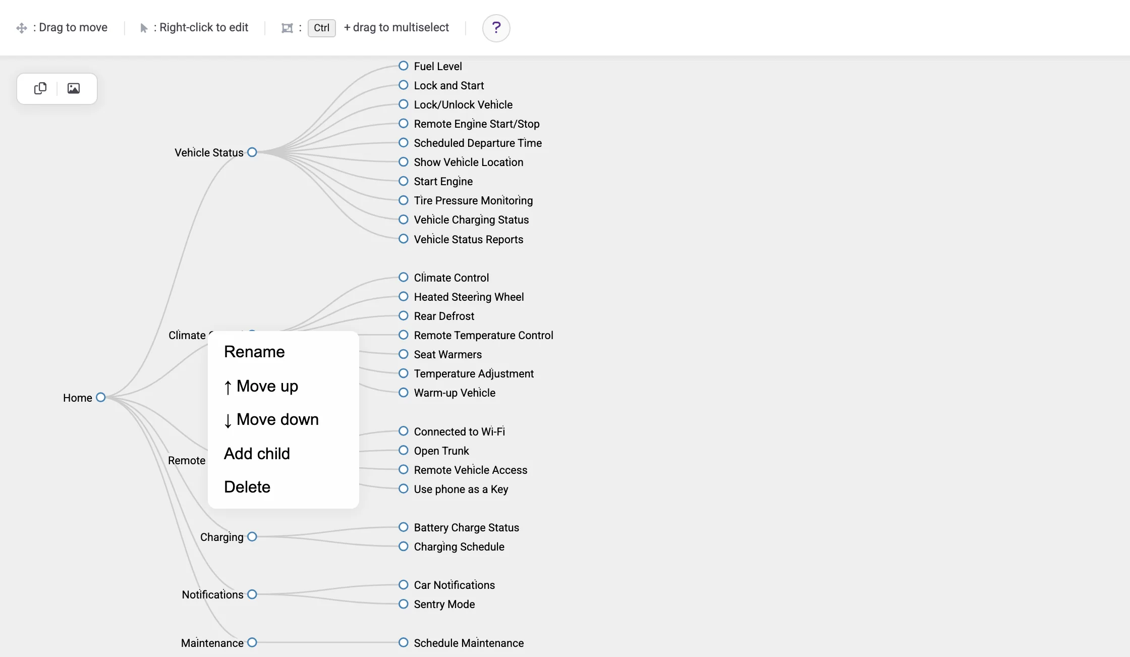 Editing a sitemap in UXbeam: categories and items being renamed, merged and moved in the tree editor